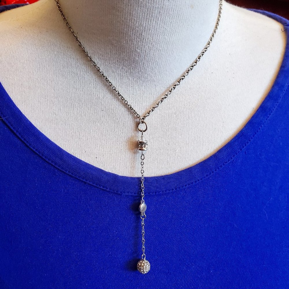 14" Silver Tone Necklace 4" Drop Pendant Ball Bead